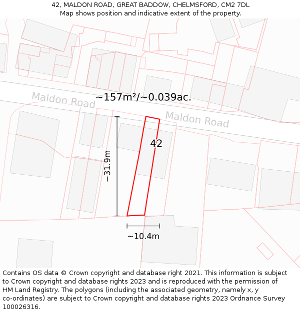 42, MALDON ROAD, GREAT BADDOW, CHELMSFORD, CM2 7DL: Plot and title map