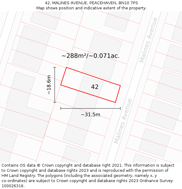 42, MALINES AVENUE, PEACEHAVEN, BN10 7PS: Plot and title map