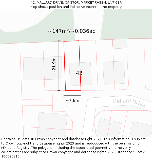 42, MALLARD DRIVE, CAISTOR, MARKET RASEN, LN7 6SA: Plot and title map