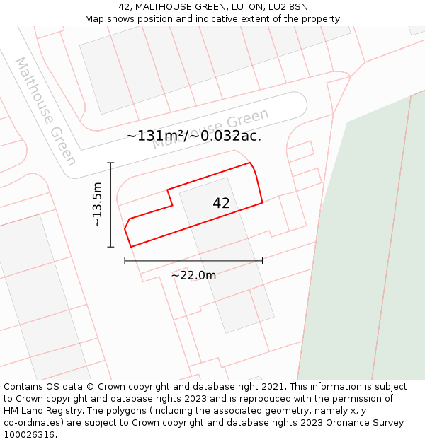 42, MALTHOUSE GREEN, LUTON, LU2 8SN: Plot and title map