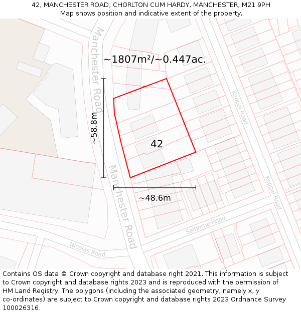 42, MANCHESTER ROAD, CHORLTON CUM HARDY, MANCHESTER, M21 9PH: Plot and title map