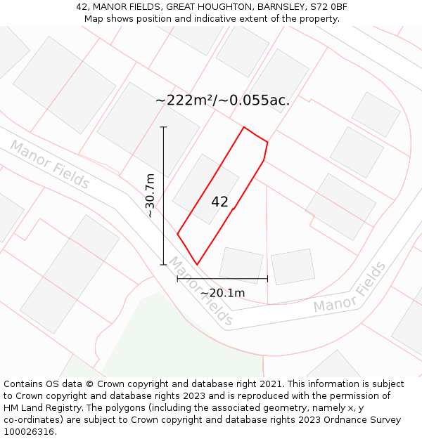 42, MANOR FIELDS, GREAT HOUGHTON, BARNSLEY, S72 0BF: Plot and title map