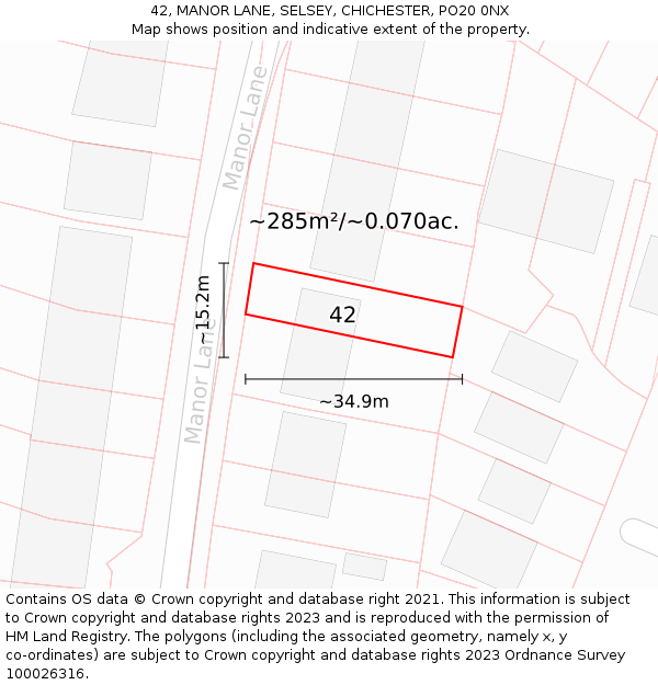 42, MANOR LANE, SELSEY, CHICHESTER, PO20 0NX: Plot and title map