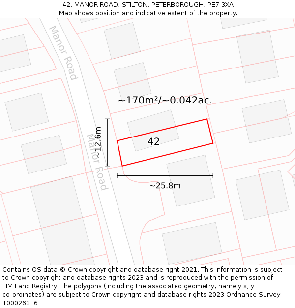 42, MANOR ROAD, STILTON, PETERBOROUGH, PE7 3XA: Plot and title map