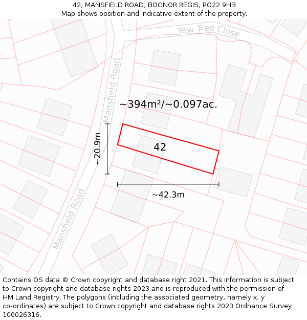 42, MANSFIELD ROAD, BOGNOR REGIS, PO22 9HB: Plot and title map