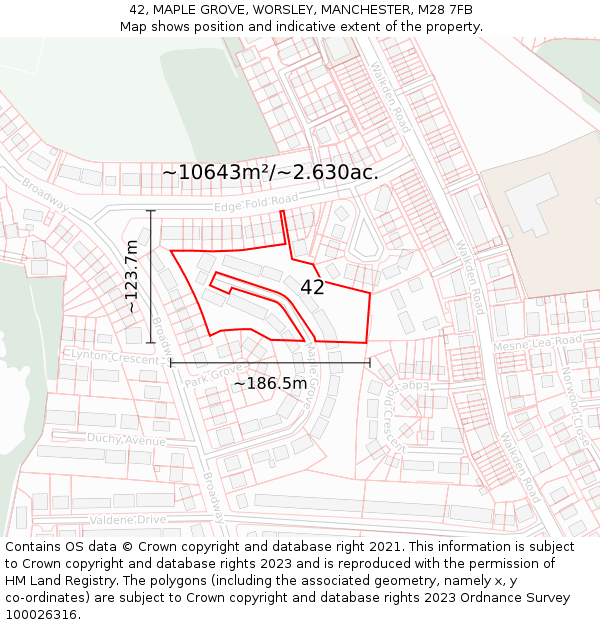 42, MAPLE GROVE, WORSLEY, MANCHESTER, M28 7FB: Plot and title map