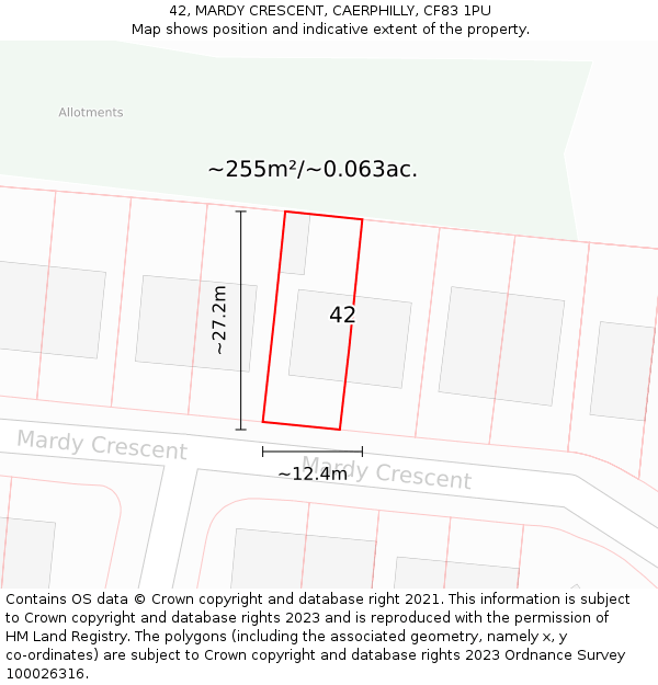 42, MARDY CRESCENT, CAERPHILLY, CF83 1PU: Plot and title map