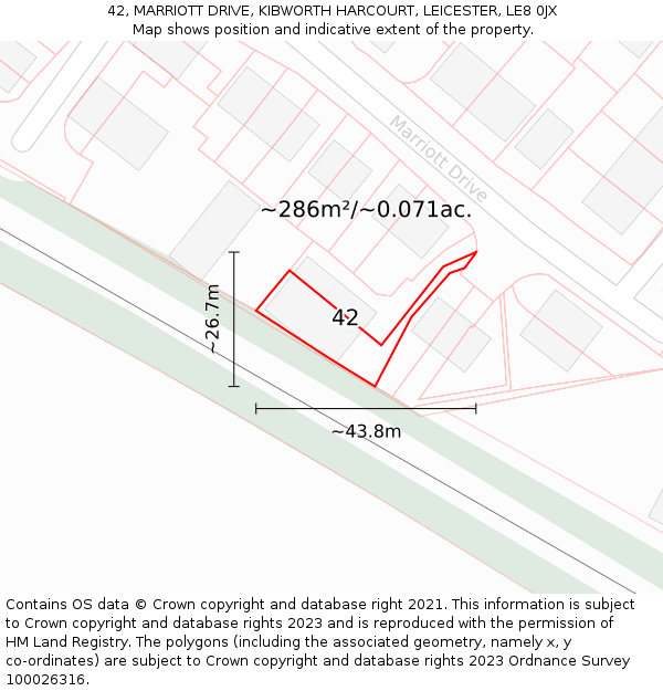42, MARRIOTT DRIVE, KIBWORTH HARCOURT, LEICESTER, LE8 0JX: Plot and title map