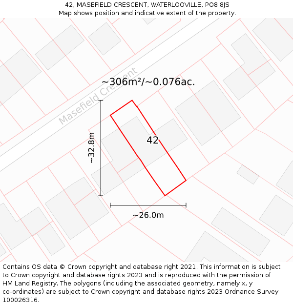 42, MASEFIELD CRESCENT, WATERLOOVILLE, PO8 8JS: Plot and title map