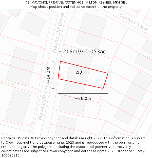 42, MAVONCLIFF DRIVE, TATTENHOE, MILTON KEYNES, MK4 3BL: Plot and title map