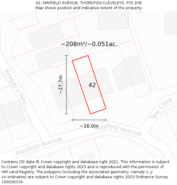 42, MAYFIELD AVENUE, THORNTON-CLEVELEYS, FY5 2HE: Plot and title map