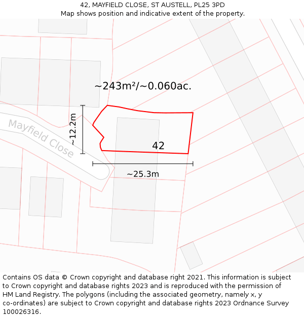 42, MAYFIELD CLOSE, ST AUSTELL, PL25 3PD: Plot and title map