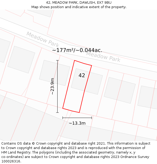 42, MEADOW PARK, DAWLISH, EX7 9BU: Plot and title map