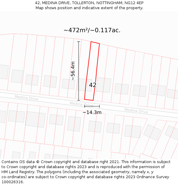 42, MEDINA DRIVE, TOLLERTON, NOTTINGHAM, NG12 4EP: Plot and title map