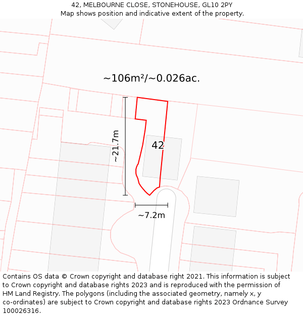 42, MELBOURNE CLOSE, STONEHOUSE, GL10 2PY: Plot and title map