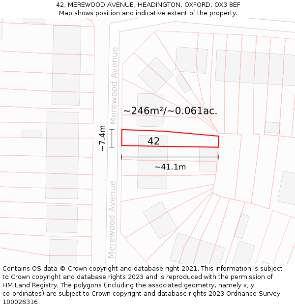 42, MEREWOOD AVENUE, HEADINGTON, OXFORD, OX3 8EF: Plot and title map