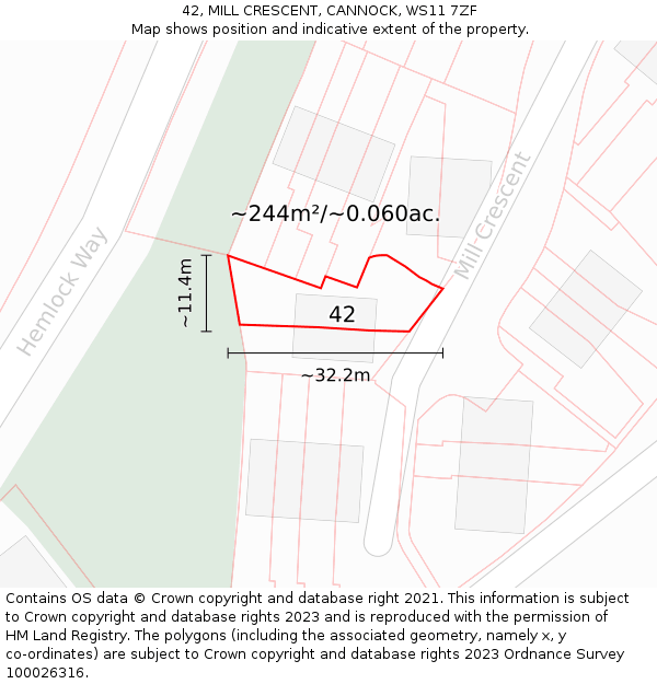 42, MILL CRESCENT, CANNOCK, WS11 7ZF: Plot and title map