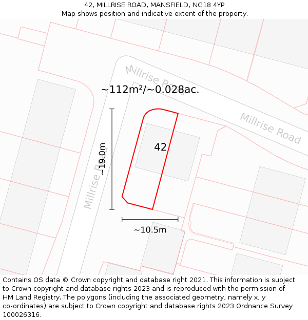 42, MILLRISE ROAD, MANSFIELD, NG18 4YP: Plot and title map