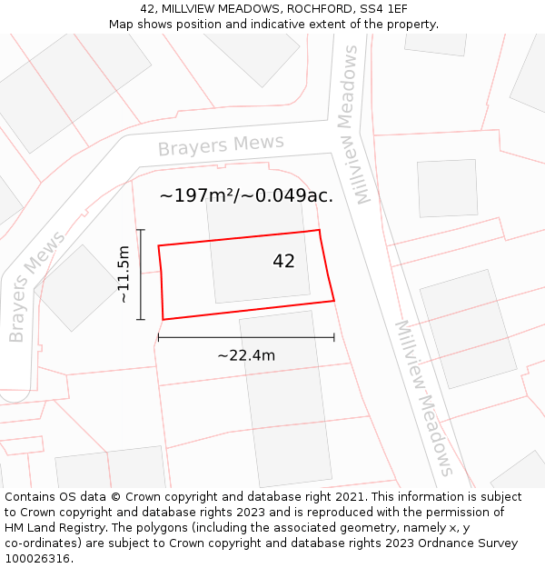 42, MILLVIEW MEADOWS, ROCHFORD, SS4 1EF: Plot and title map