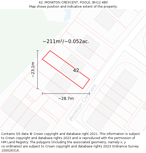 42, MONKTON CRESCENT, POOLE, BH12 4BX: Plot and title map