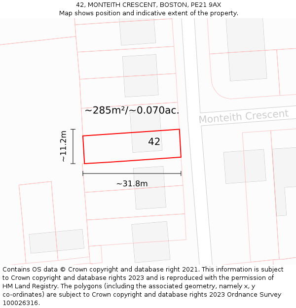 42, MONTEITH CRESCENT, BOSTON, PE21 9AX: Plot and title map