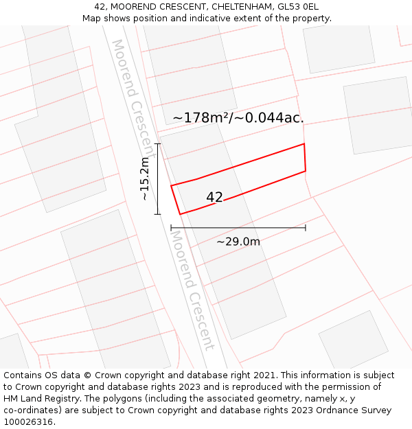 42, MOOREND CRESCENT, CHELTENHAM, GL53 0EL: Plot and title map