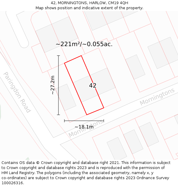 42, MORNINGTONS, HARLOW, CM19 4QH: Plot and title map