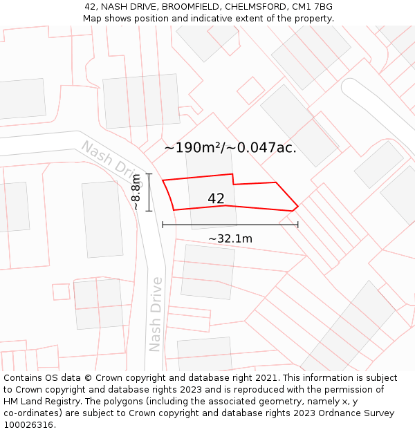 42, NASH DRIVE, BROOMFIELD, CHELMSFORD, CM1 7BG: Plot and title map