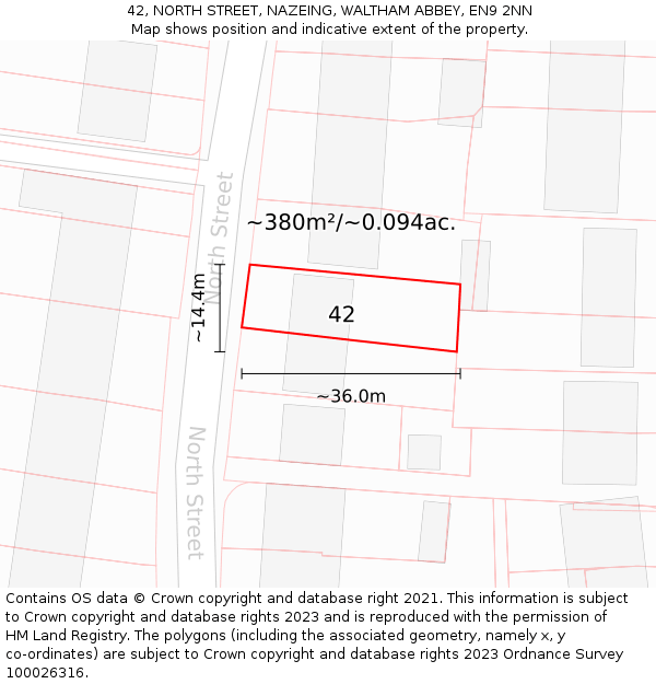 42, NORTH STREET, NAZEING, WALTHAM ABBEY, EN9 2NN: Plot and title map