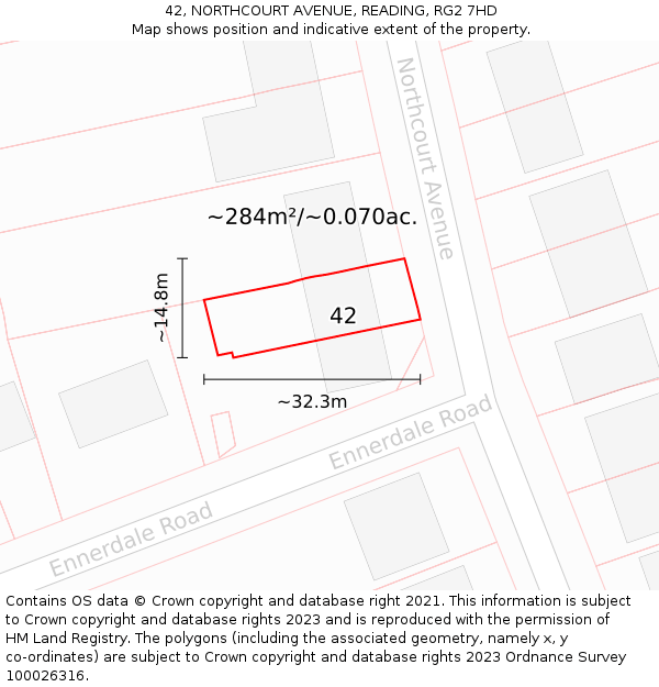 42, NORTHCOURT AVENUE, READING, RG2 7HD: Plot and title map