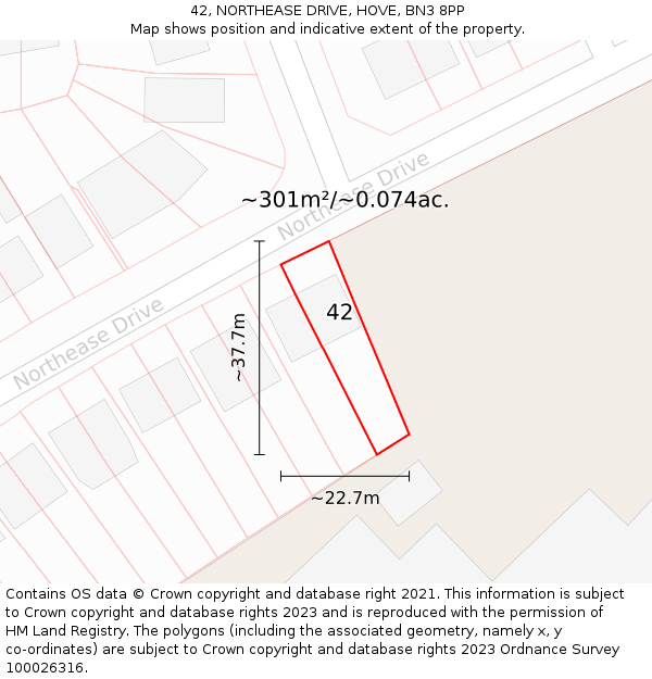 42, NORTHEASE DRIVE, HOVE, BN3 8PP: Plot and title map