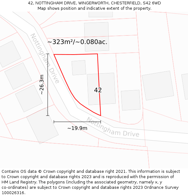 42, NOTTINGHAM DRIVE, WINGERWORTH, CHESTERFIELD, S42 6WD: Plot and title map