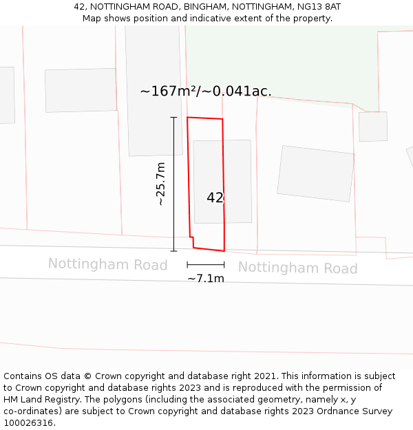 42, NOTTINGHAM ROAD, BINGHAM, NOTTINGHAM, NG13 8AT: Plot and title map