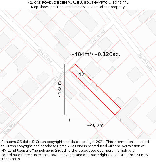 42, OAK ROAD, DIBDEN PURLIEU, SOUTHAMPTON, SO45 4PL: Plot and title map