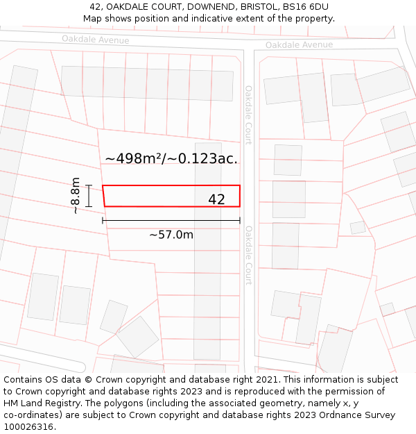 42, OAKDALE COURT, DOWNEND, BRISTOL, BS16 6DU: Plot and title map