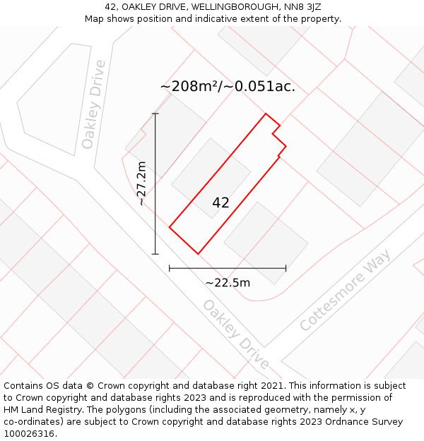 42, OAKLEY DRIVE, WELLINGBOROUGH, NN8 3JZ: Plot and title map