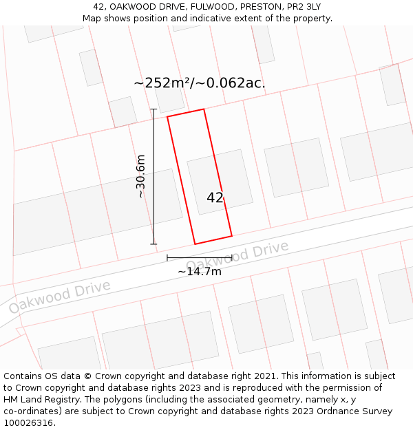 42, OAKWOOD DRIVE, FULWOOD, PRESTON, PR2 3LY: Plot and title map