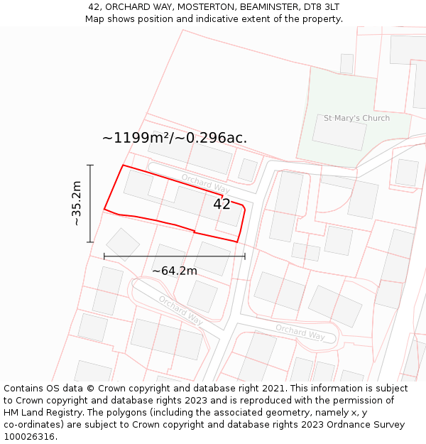 42, ORCHARD WAY, MOSTERTON, BEAMINSTER, DT8 3LT: Plot and title map