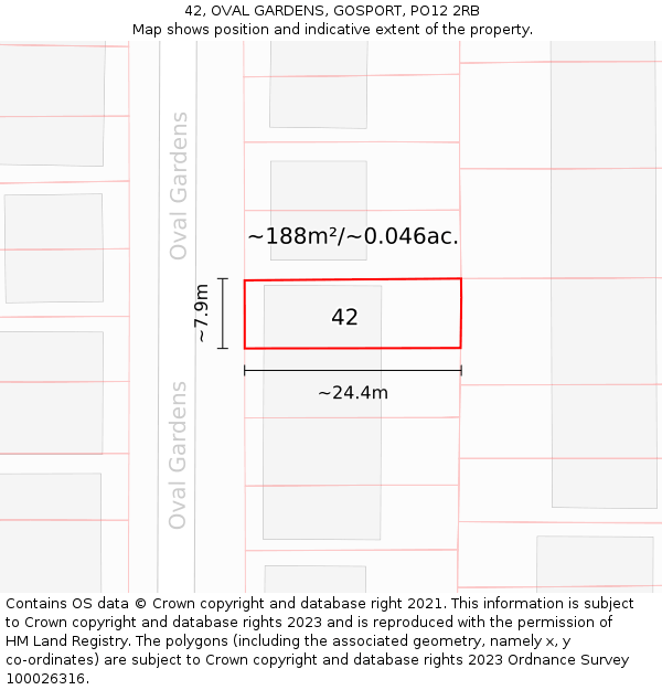 42, OVAL GARDENS, GOSPORT, PO12 2RB: Plot and title map