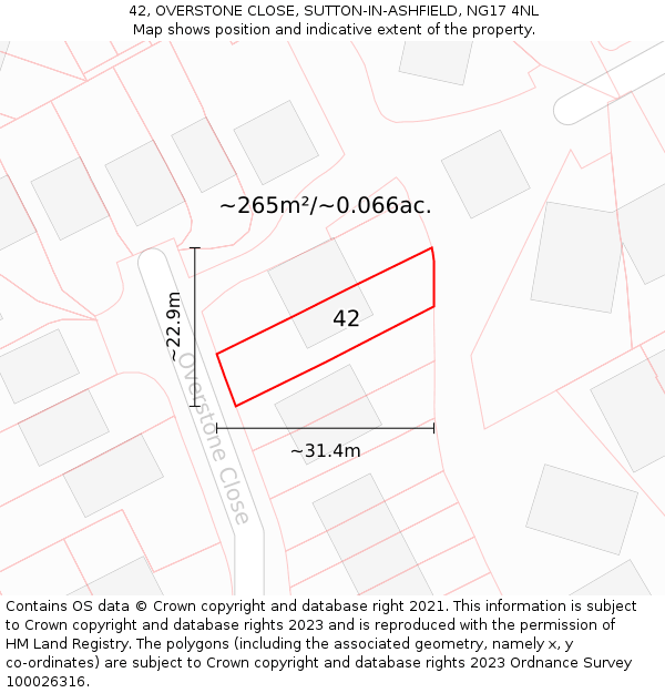 42, OVERSTONE CLOSE, SUTTON-IN-ASHFIELD, NG17 4NL: Plot and title map