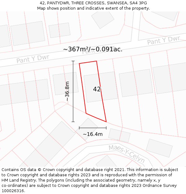 42, PANTYDWR, THREE CROSSES, SWANSEA, SA4 3PG: Plot and title map