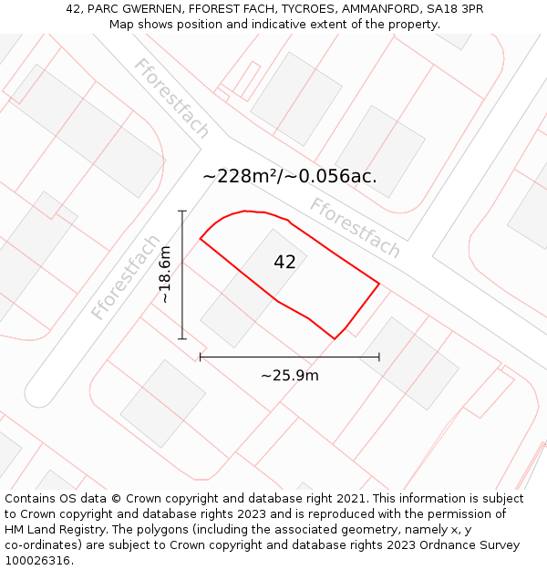 42, PARC GWERNEN, FFOREST FACH, TYCROES, AMMANFORD, SA18 3PR: Plot and title map