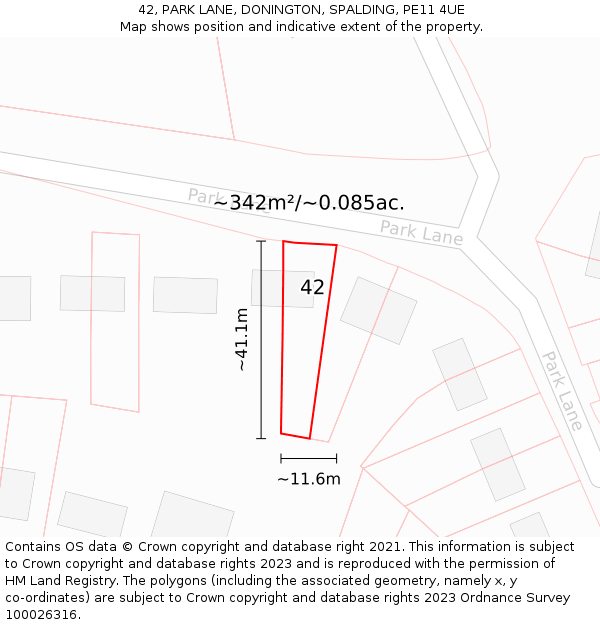 42, PARK LANE, DONINGTON, SPALDING, PE11 4UE: Plot and title map