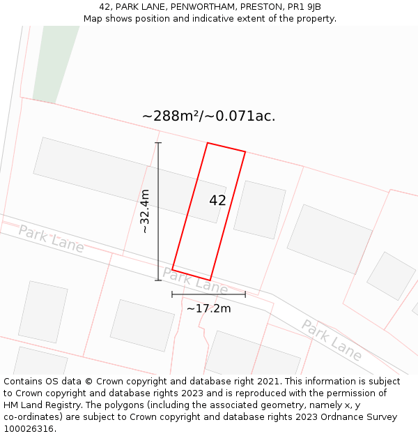 42, PARK LANE, PENWORTHAM, PRESTON, PR1 9JB: Plot and title map