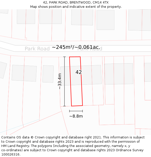 42, PARK ROAD, BRENTWOOD, CM14 4TX: Plot and title map