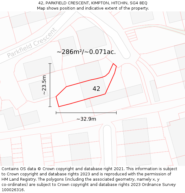 42, PARKFIELD CRESCENT, KIMPTON, HITCHIN, SG4 8EQ: Plot and title map