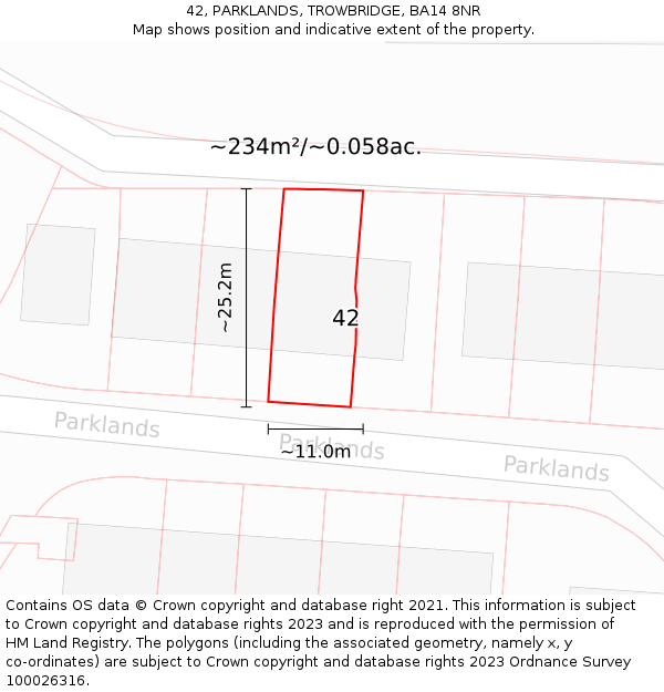 42, PARKLANDS, TROWBRIDGE, BA14 8NR: Plot and title map