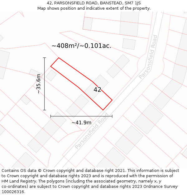 42, PARSONSFIELD ROAD, BANSTEAD, SM7 1JS: Plot and title map