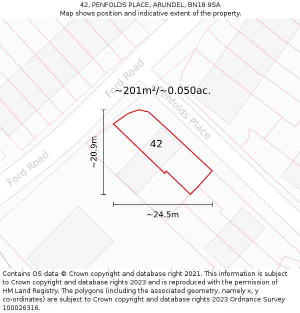 42, PENFOLDS PLACE, ARUNDEL, BN18 9SA: Plot and title map