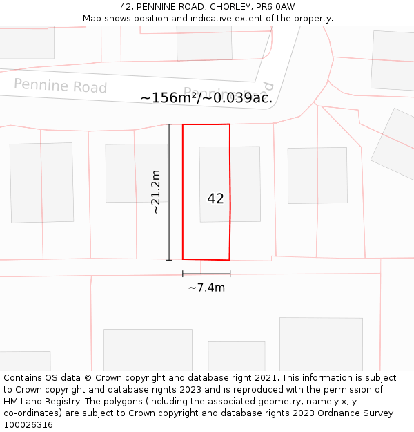 42, PENNINE ROAD, CHORLEY, PR6 0AW: Plot and title map